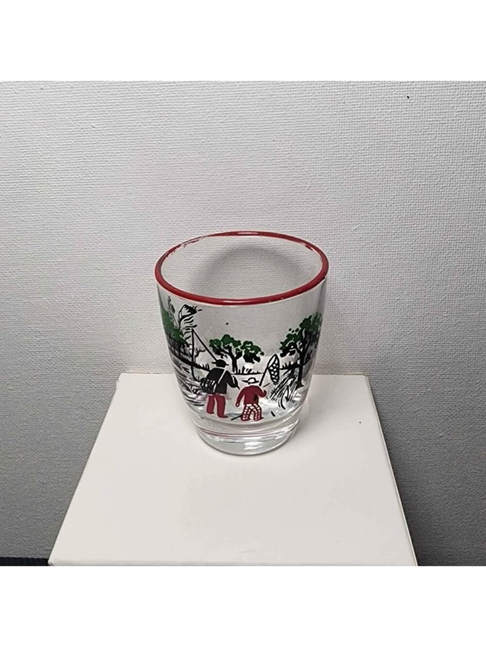 Vintage Libbey Fishing Scene Shot Glass Red Rim Father Dad Son Pa and Me.B6